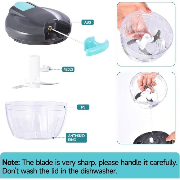 Compact 500ml Manual Food Chopper - Hand-Pull Vegetable & Garlic Mincer, - Picture 9 of 9